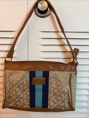 Tommy Hilfiger Tan Shoulder Bag with Navy and Teal Stripes